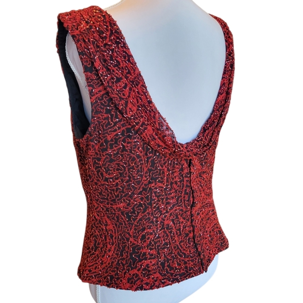 Vintage Y2K Andretta Donatello Red Black Paisley Beaded Silk Sleeveless Blouse - Picture 6 of 13